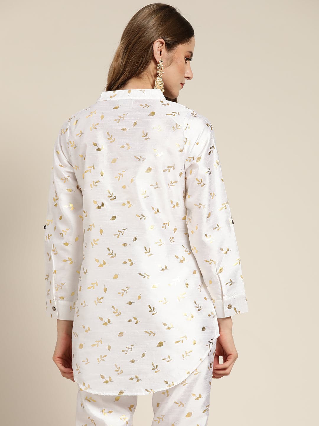 Women's White Chanderi Gold Foil High Low Shirt - Lyush