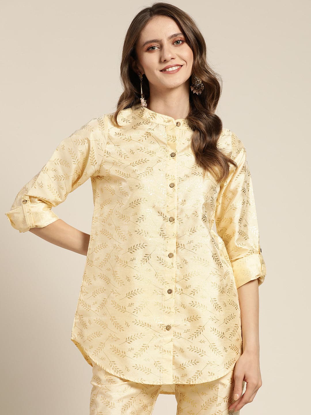 Women's Beige Chanderi Gold Foil High Low Shirt - Lyush