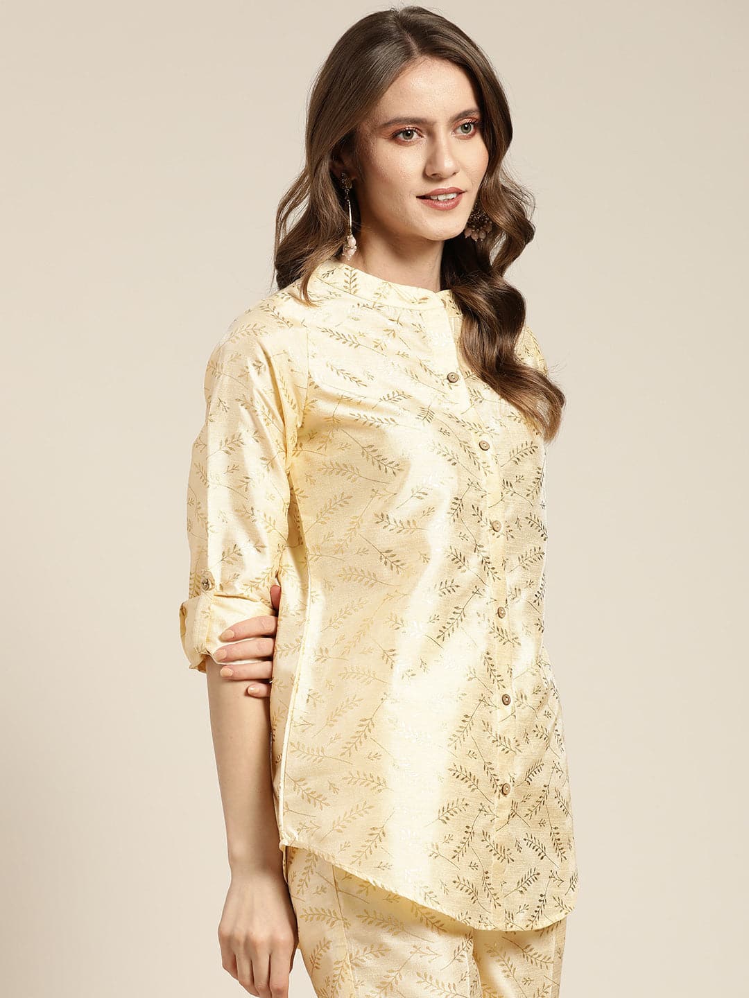 Women's Beige Chanderi Gold Foil High Low Shirt - Lyush