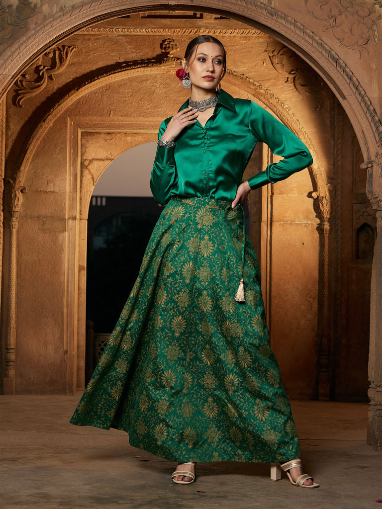 Women's Green Satin Regular Shirt