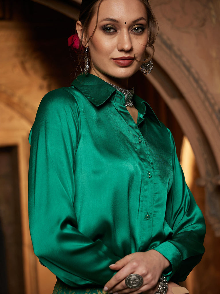 Women's Green Satin Regular Shirt