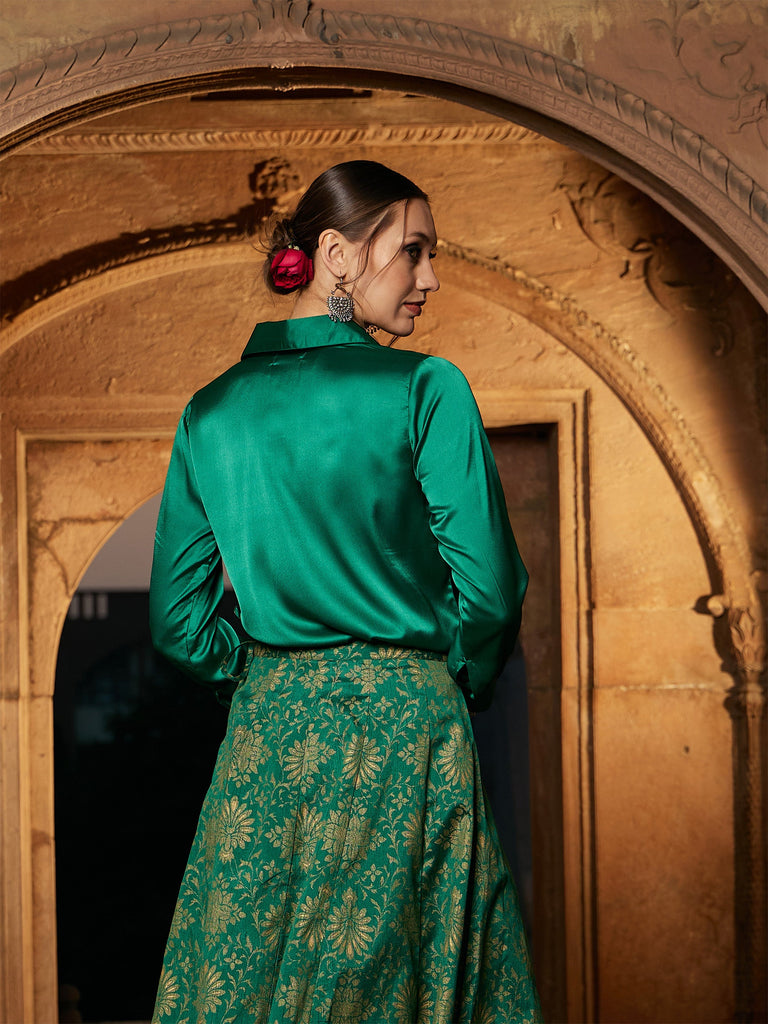 Women's Green Satin Regular Shirt