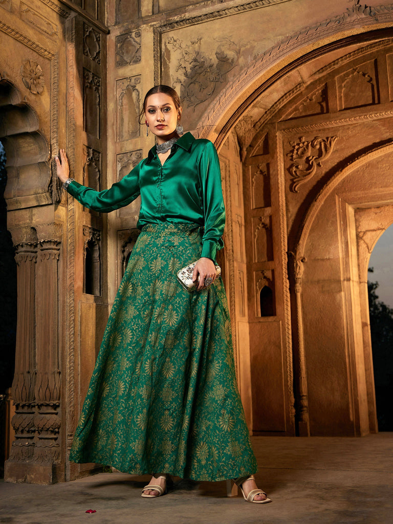 Women's Green Satin Regular Shirt