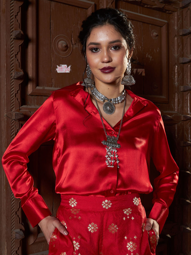 Women's Red Satin Regular Shirt