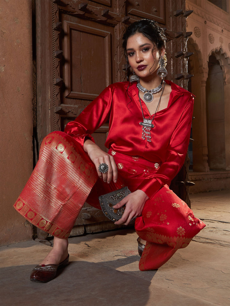 Women's Red Satin Regular Shirt