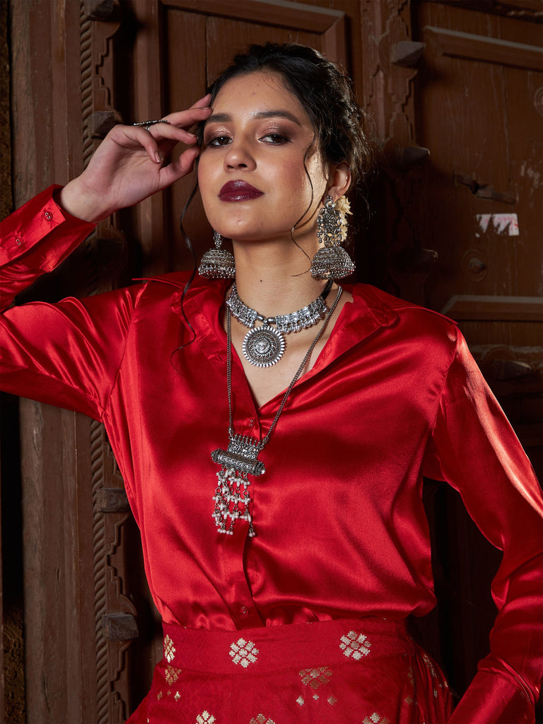 Women's Red Satin Regular Shirt