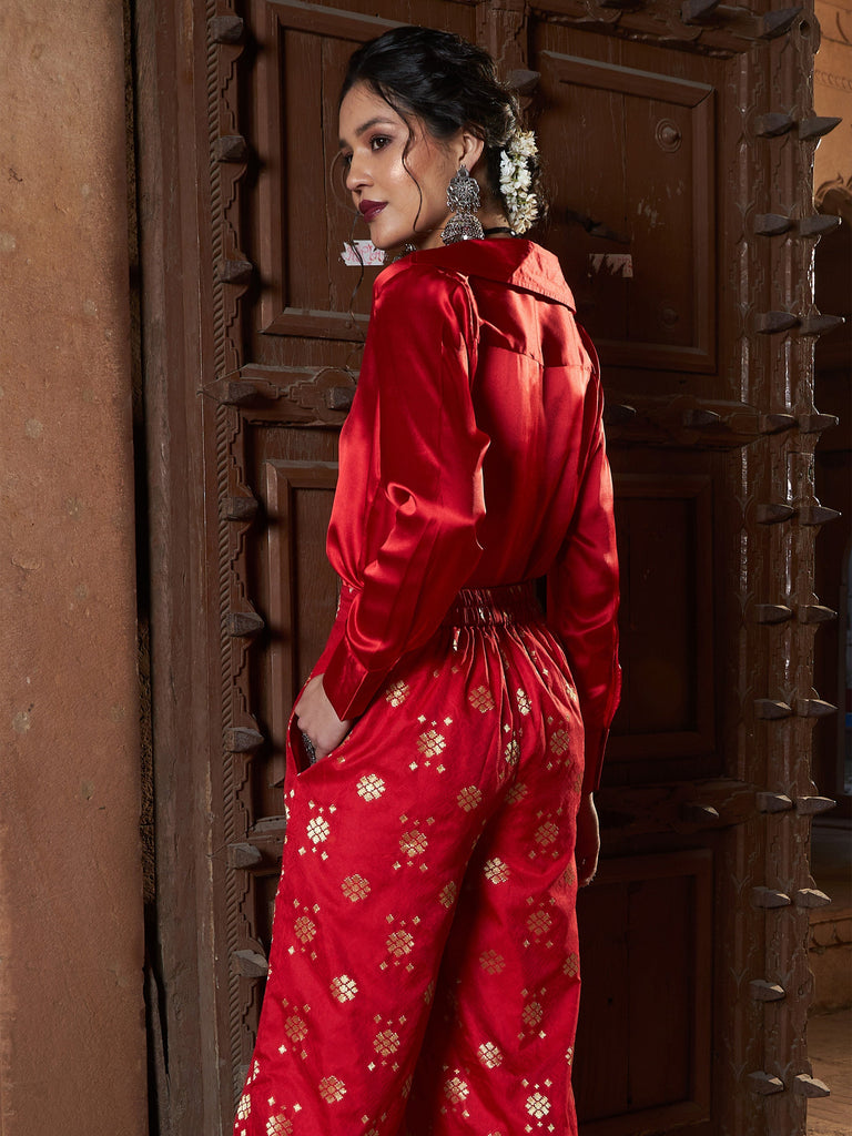 Women's Red Satin Regular Shirt