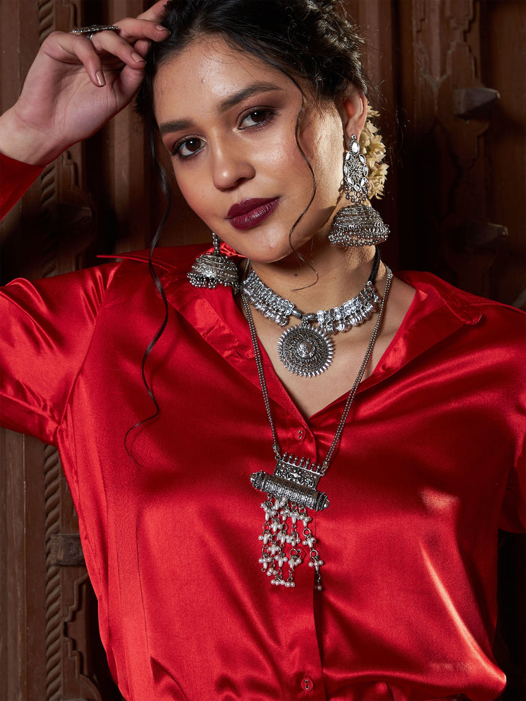 Women's Red Satin Regular Shirt