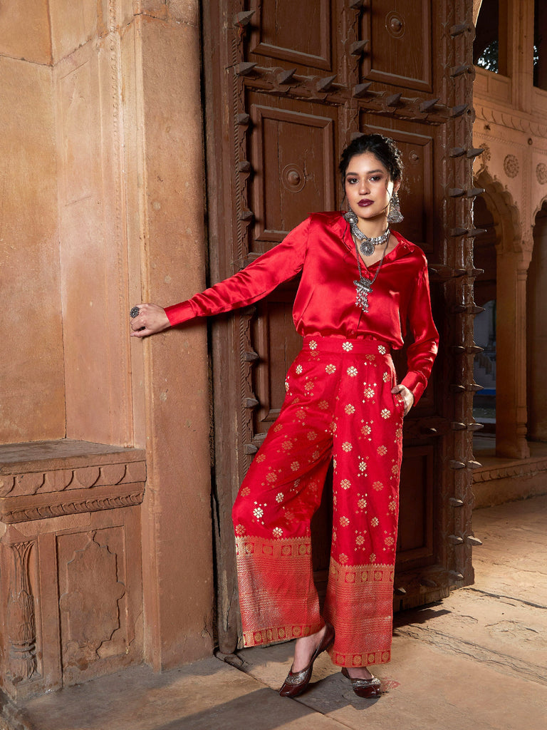 Women's Red Satin Regular Shirt