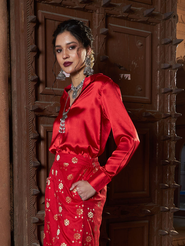 Women's Red Satin Regular Shirt