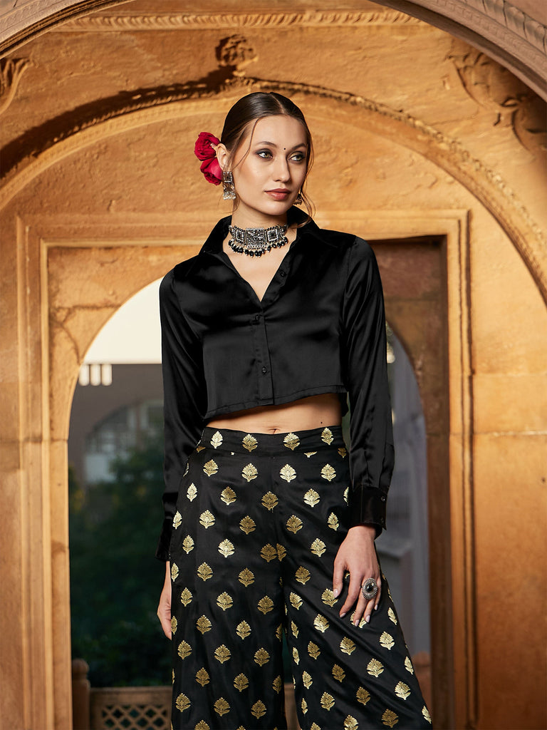 Women's Black Satin Crop Shirt