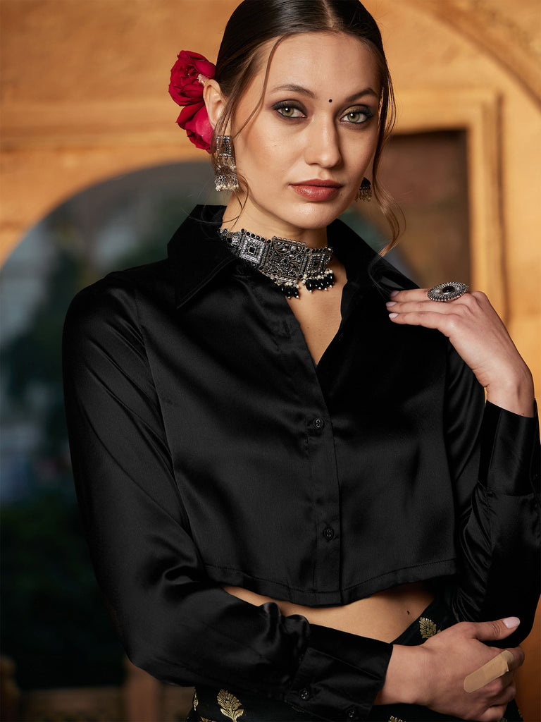 Women's Black Satin Crop Shirt