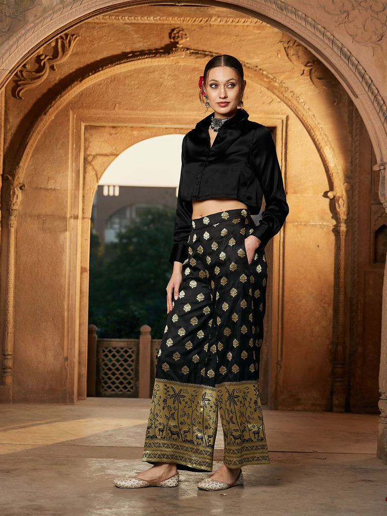 Women's Black Satin Crop Shirt