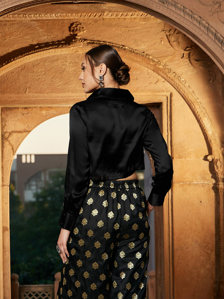 Women's Black Satin Crop Shirt