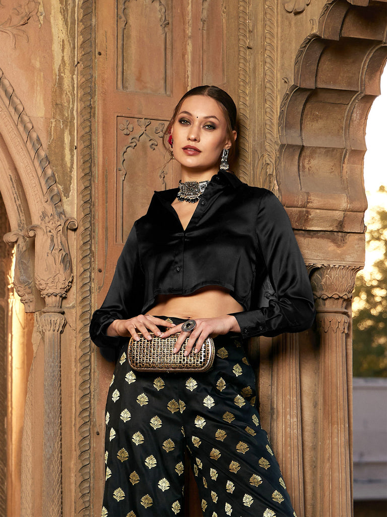 Women's Black Satin Crop Shirt