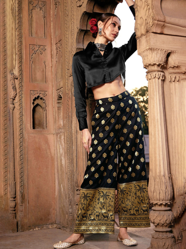 Women's Black Satin Crop Shirt