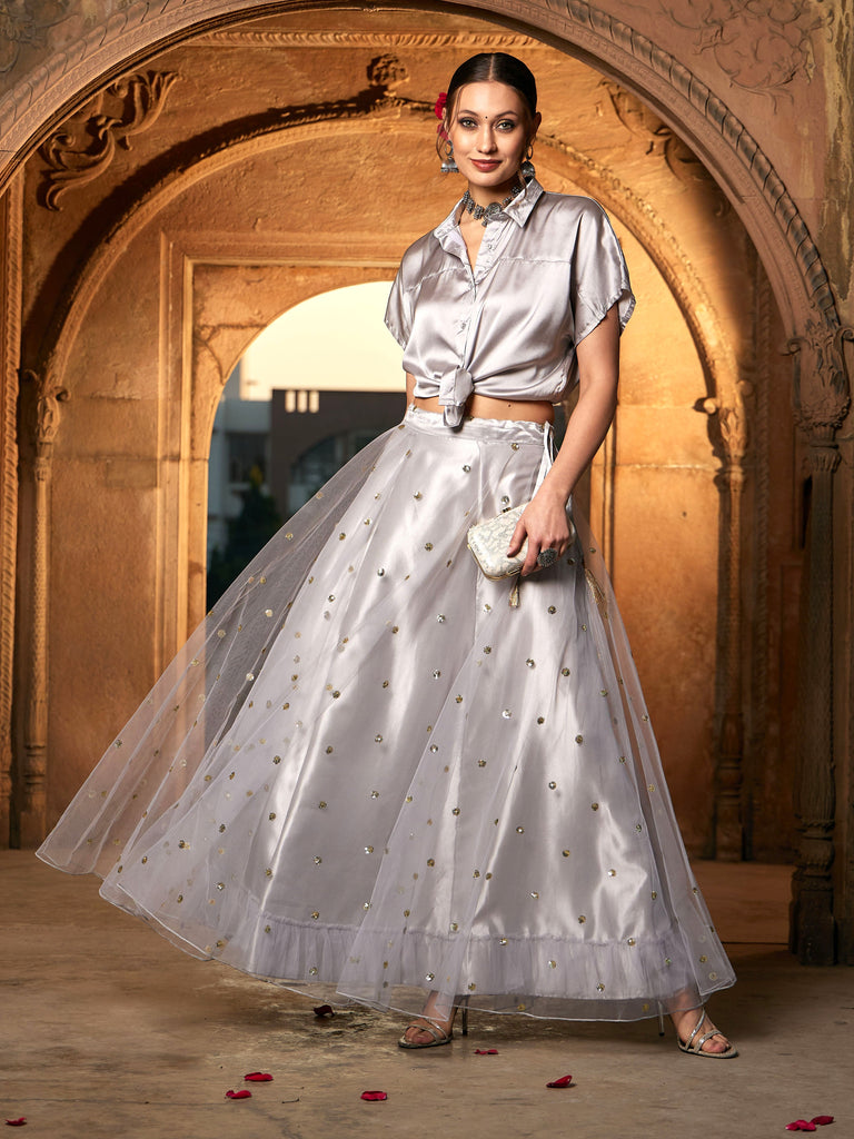 Women's Grey Satin Tie Knot Crop Shirt