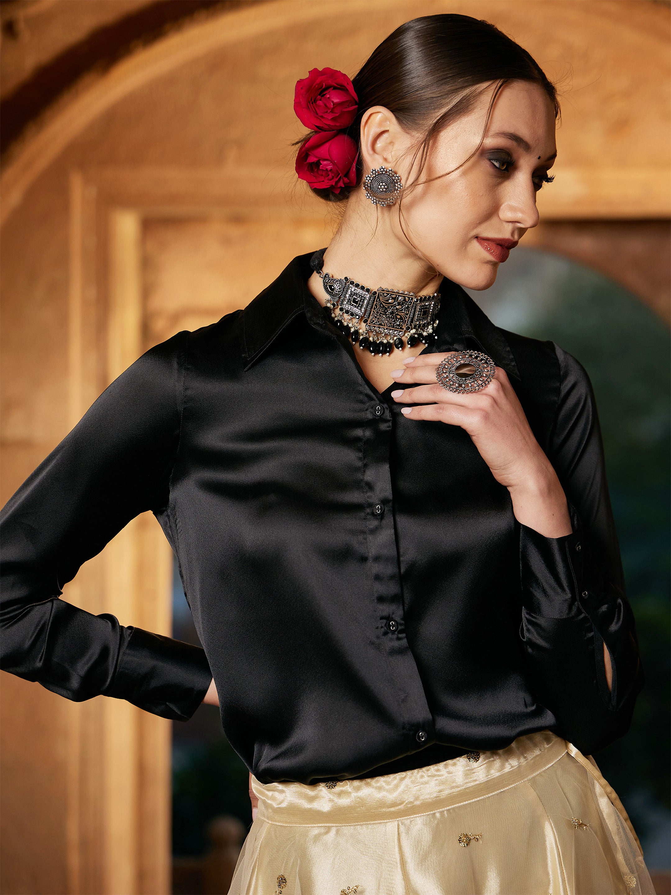 Women's Black Satin Regular Shirt - SASSAFRAS