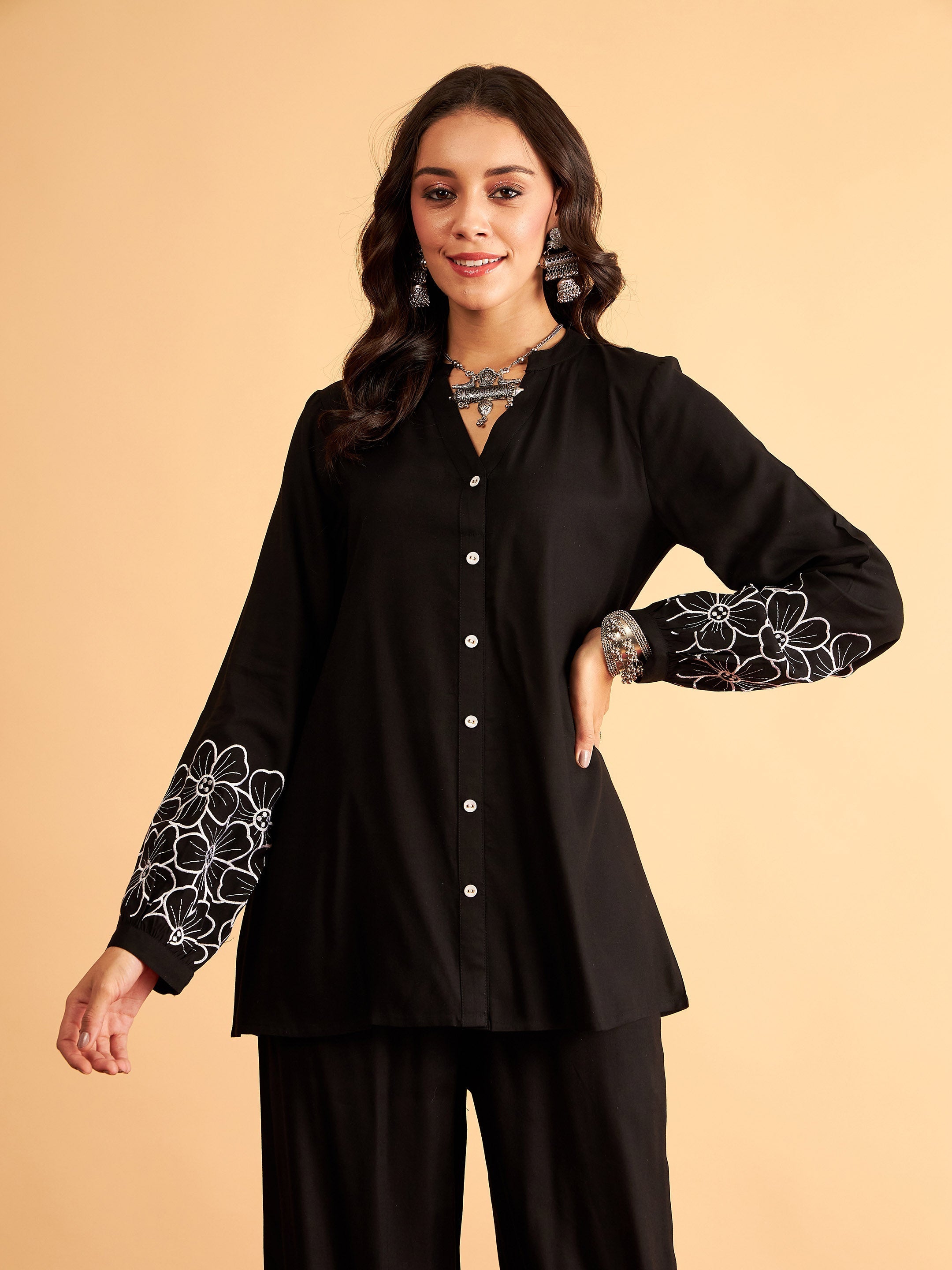 Women's Black Rayon Embroidered Shirt - Lyush