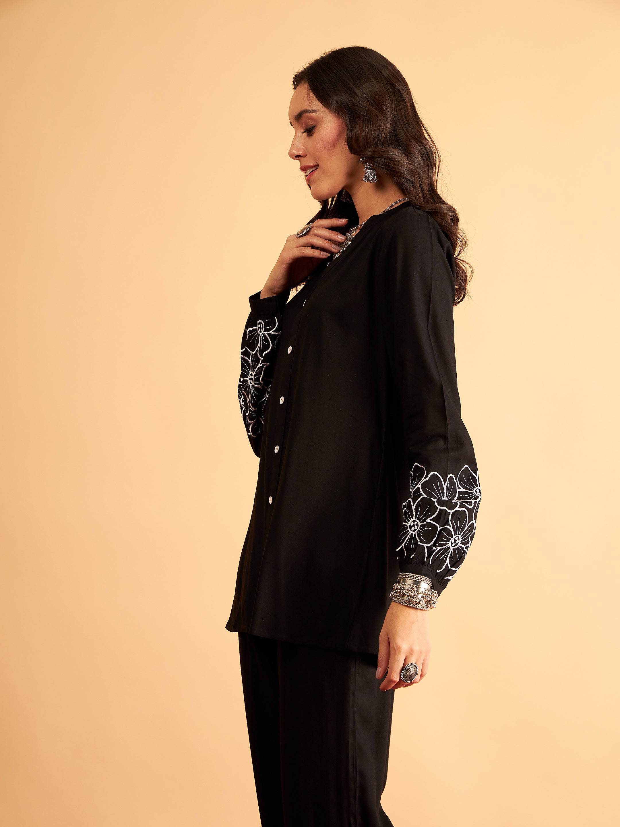 Women's Black Rayon Embroidered Shirt - Lyush