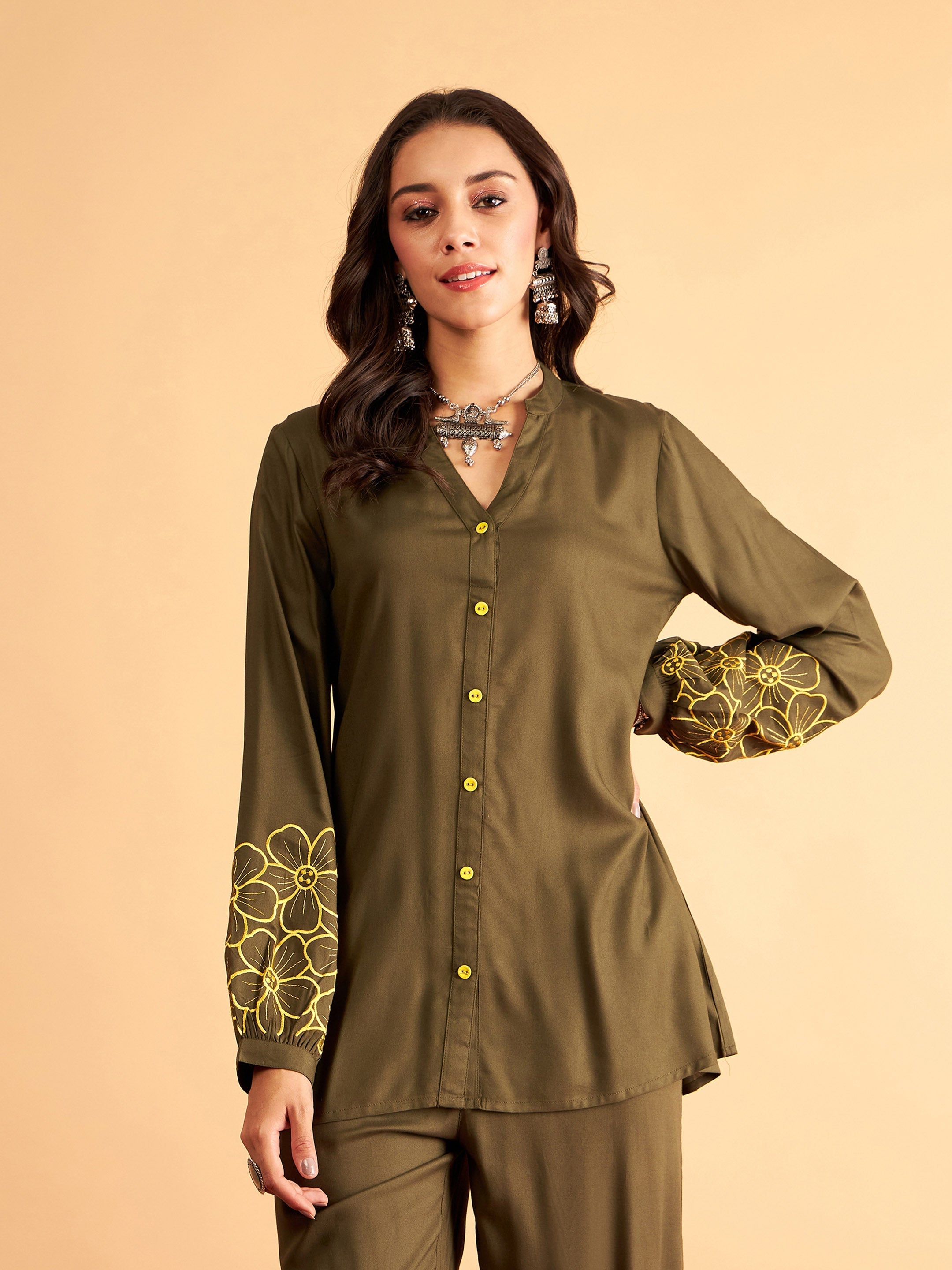 Women's Olive Rayon Embroidered Shirt - Lyush