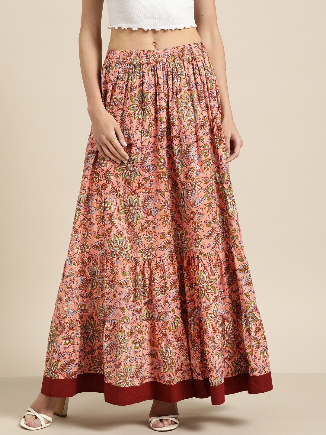 Women's Pink Floral Tiered Skirt With Solid Border - SASSAFRAS