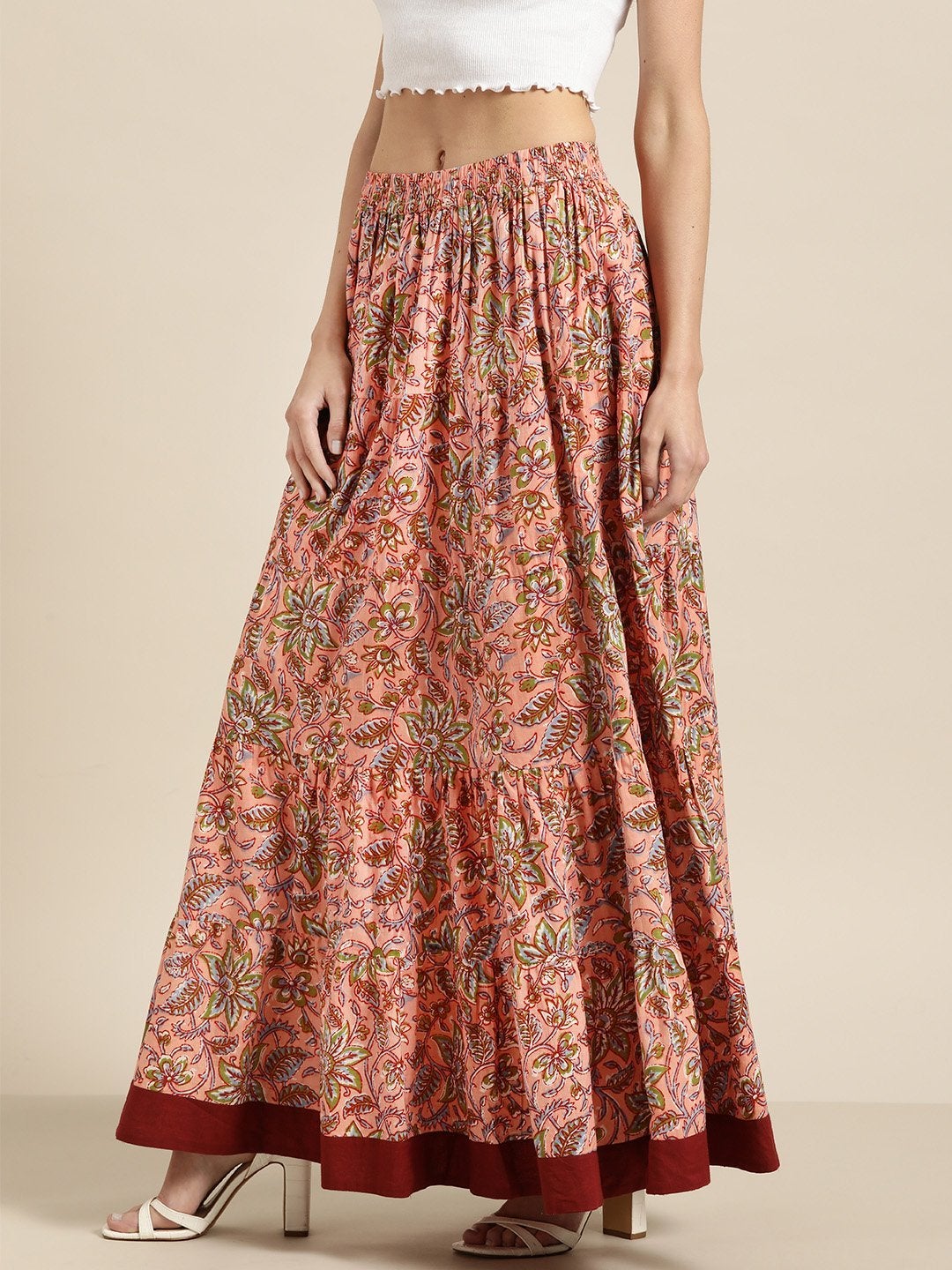 Women's Pink Floral Tiered Skirt With Solid Border - SASSAFRAS