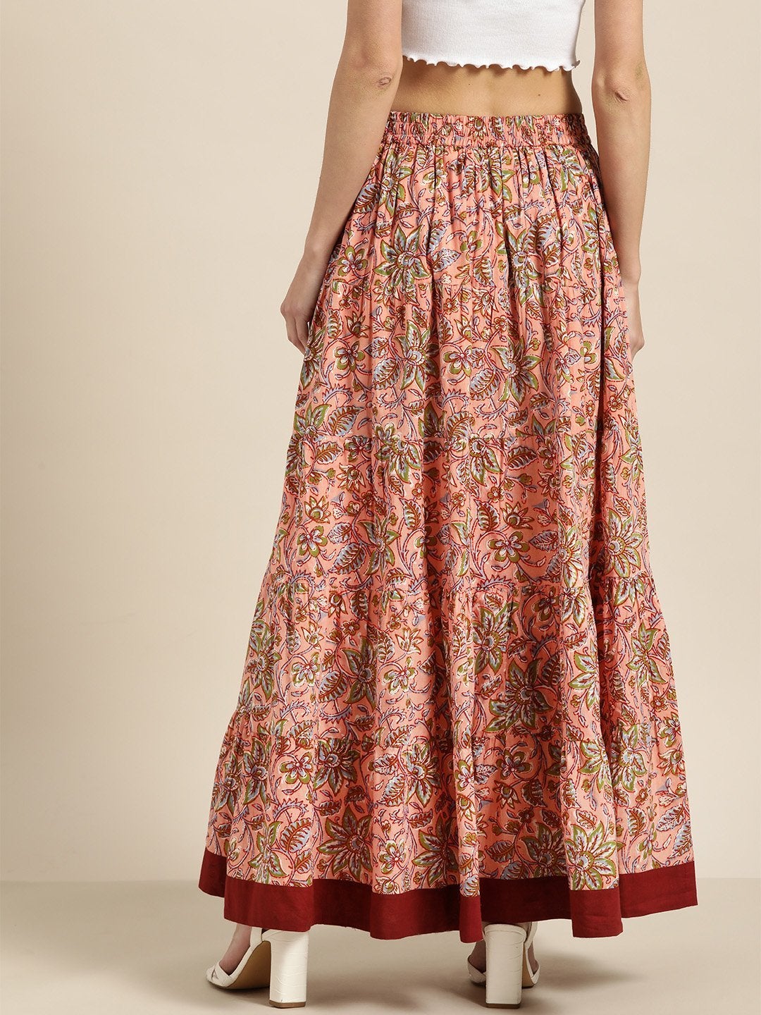 Women's Pink Floral Tiered Skirt With Solid Border - SASSAFRAS