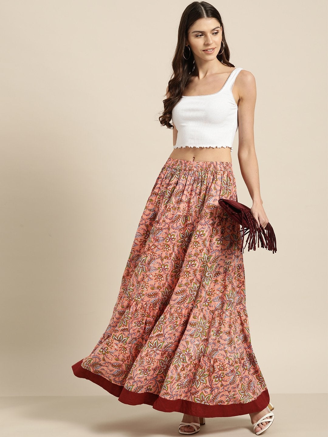 Women's Pink Floral Tiered Skirt With Solid Border - SASSAFRAS