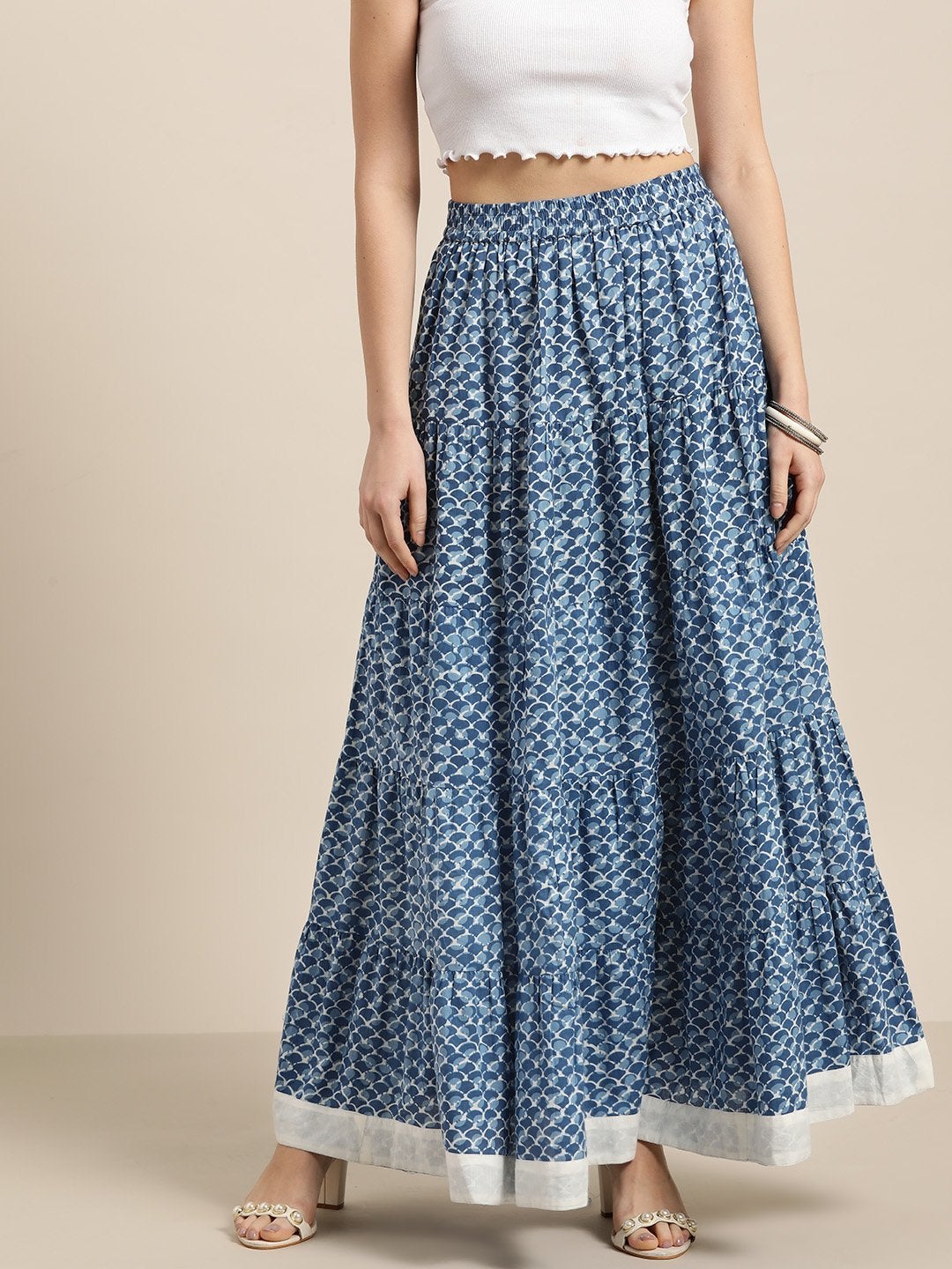 Women's Blue Geo Print Tiered Skirt With Printed Border - SASSAFRAS