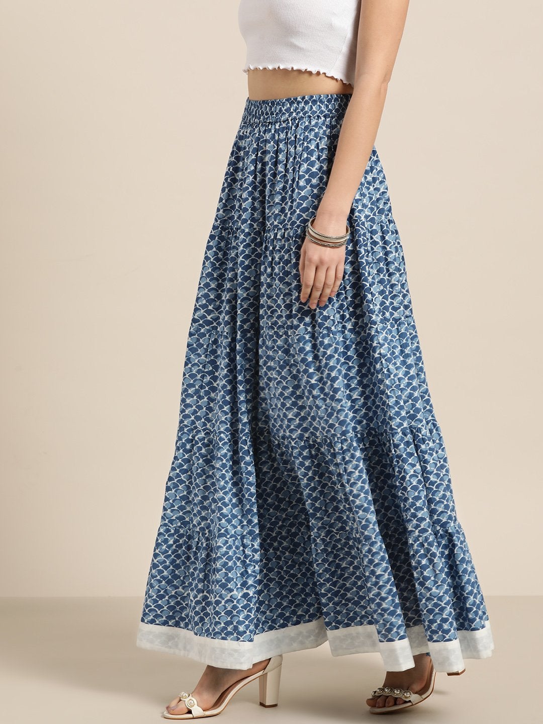 Women's Blue Geo Print Tiered Skirt With Printed Border - SASSAFRAS