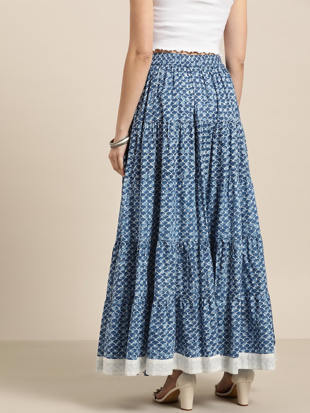 Women's Blue Geo Print Tiered Skirt With Printed Border - SASSAFRAS