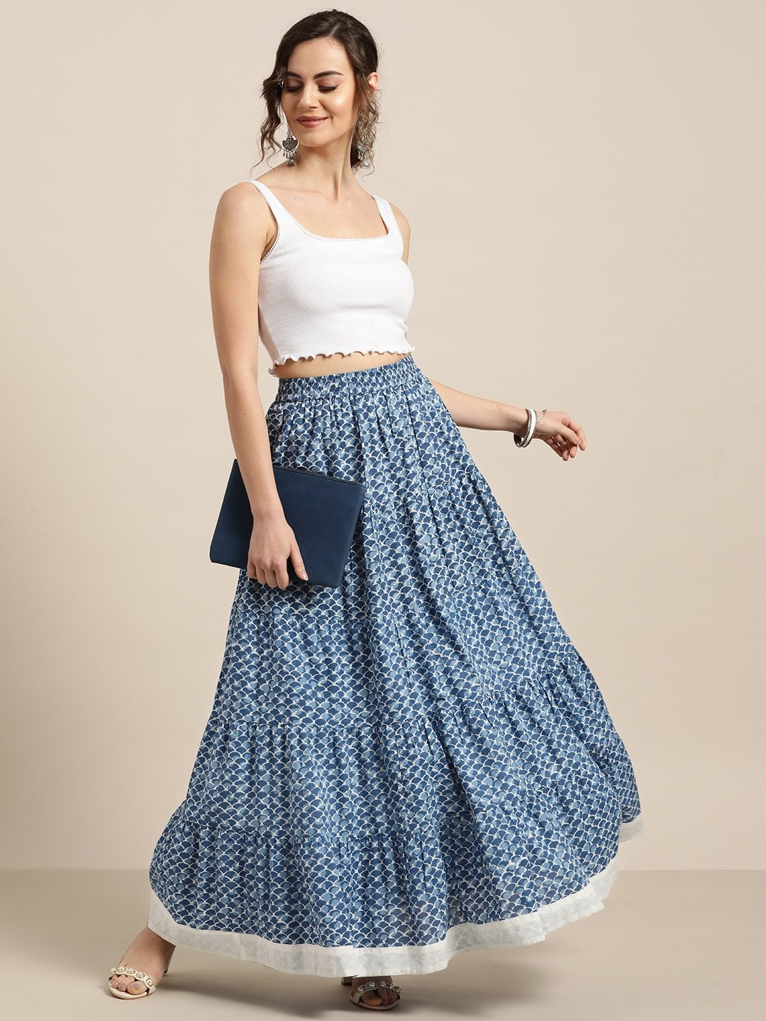 Women's Blue Geo Print Tiered Skirt With Printed Border - SASSAFRAS