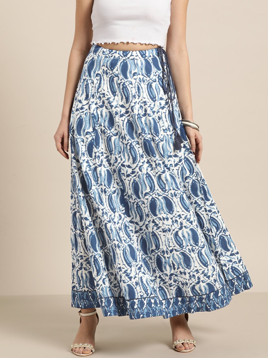 Women's Navy Paisley Anarkali Skirt With Printed Border