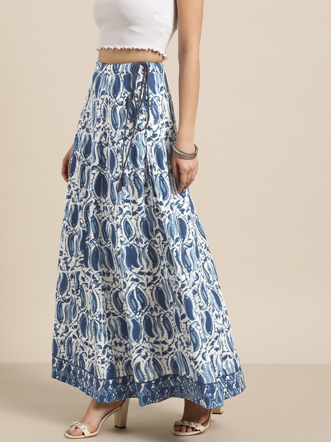 Women's Navy Paisley Anarkali Skirt With Printed Border