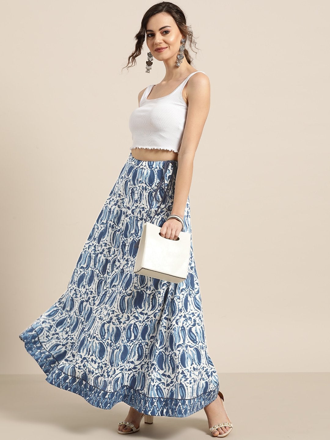 Women's Navy Paisley Anarkali Skirt With Printed Border