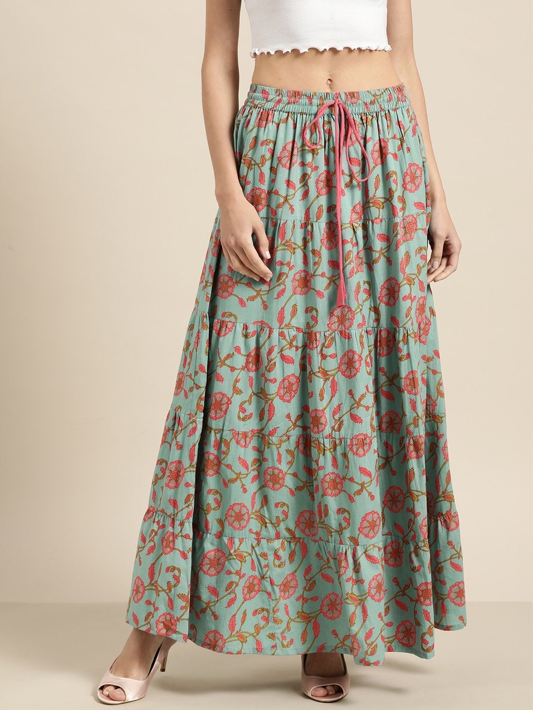 Women's Teal Blue Floral Tiered Skirt - SASSAFRAS