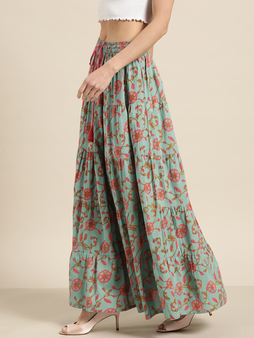 Women's Teal Blue Floral Tiered Skirt - SASSAFRAS