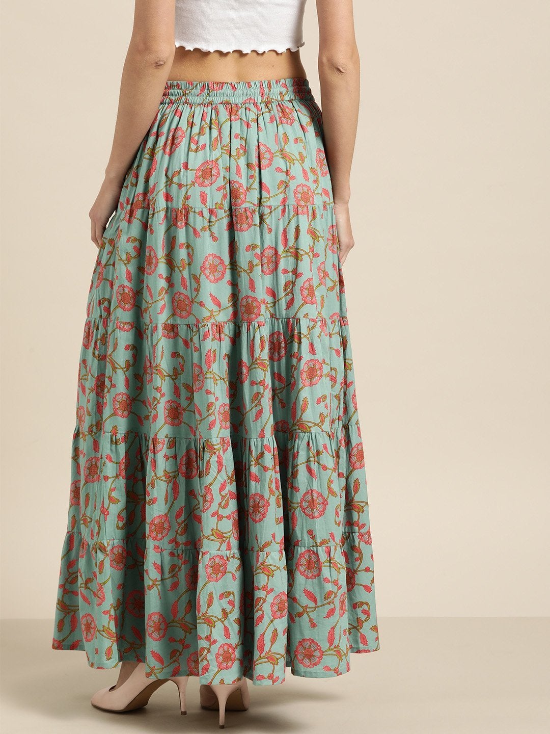 Women's Teal Blue Floral Tiered Skirt - SASSAFRAS