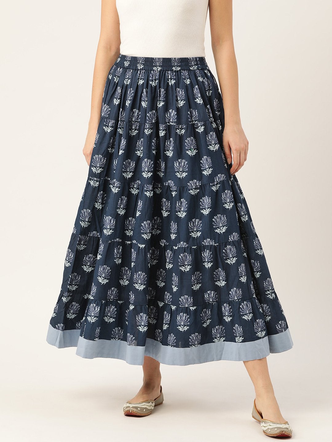 Women's Navy Lotus Floral Contrast Border Tiered Skirt - SASSAFRAS