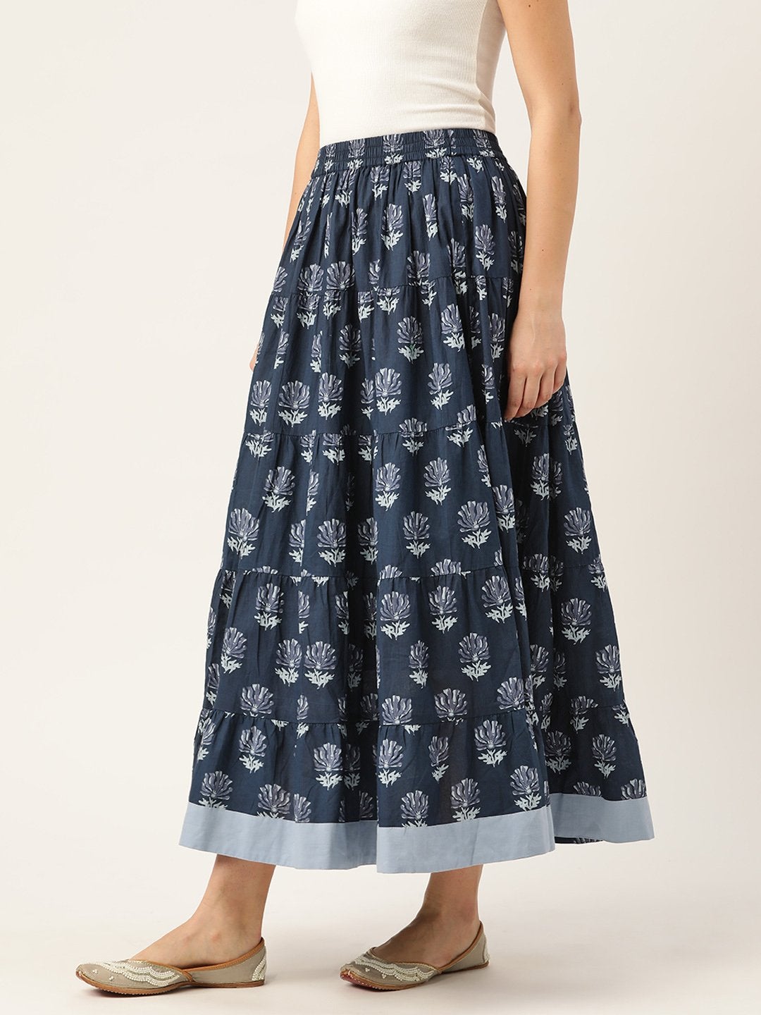 Women's Navy Lotus Floral Contrast Border Tiered Skirt - SASSAFRAS