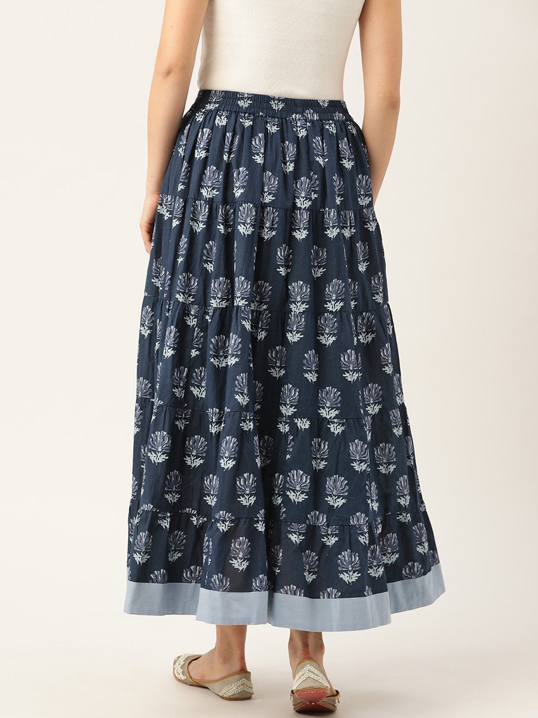 Women's Navy Lotus Floral Contrast Border Tiered Skirt - SASSAFRAS