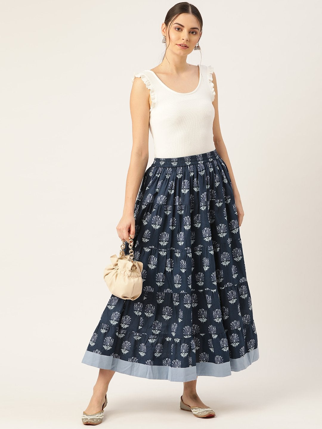 Women's Navy Lotus Floral Contrast Border Tiered Skirt - SASSAFRAS