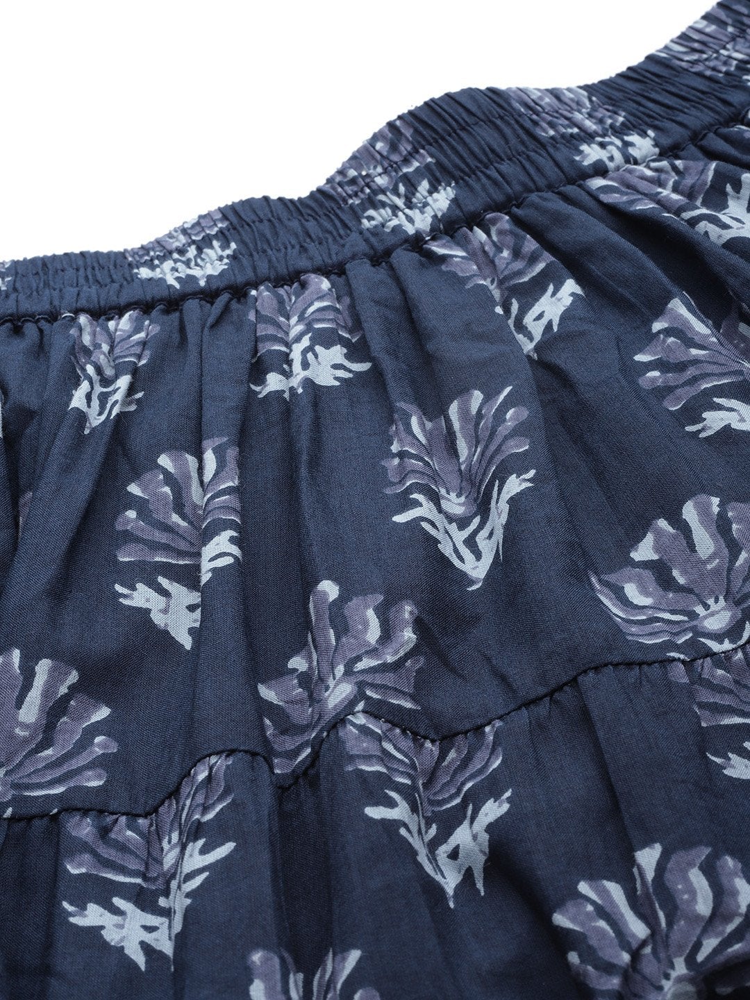 Women's Navy Lotus Floral Contrast Border Tiered Skirt - SASSAFRAS