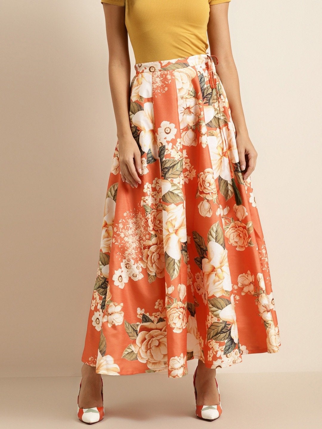 Women's Orange Floral Anarkali Skirt - SHAE