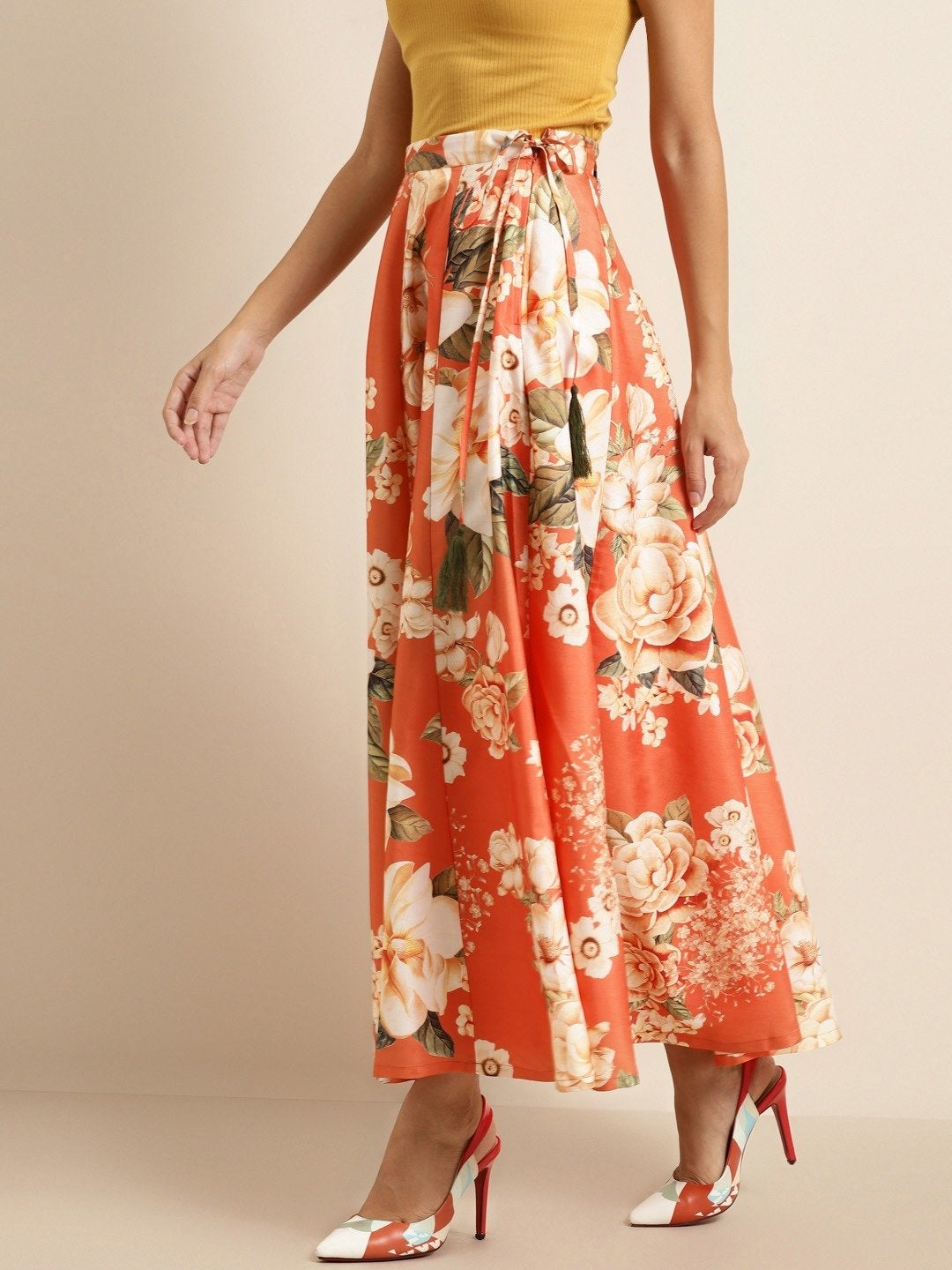 Women's Orange Floral Anarkali Skirt - SHAE