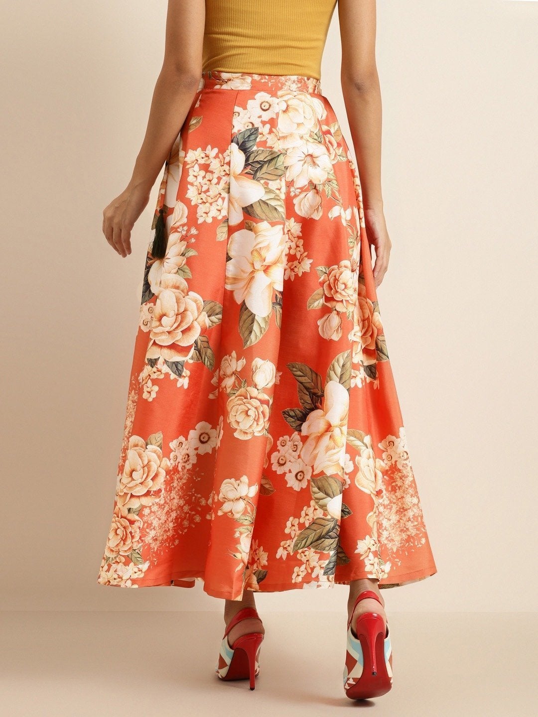 Women's Orange Floral Anarkali Skirt - SHAE