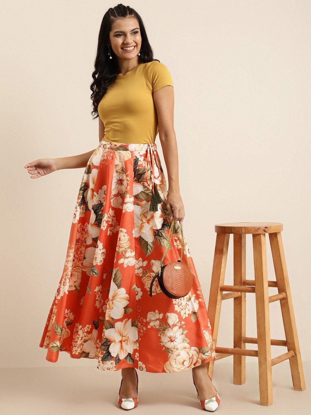 Women's Orange Floral Anarkali Skirt - SHAE
