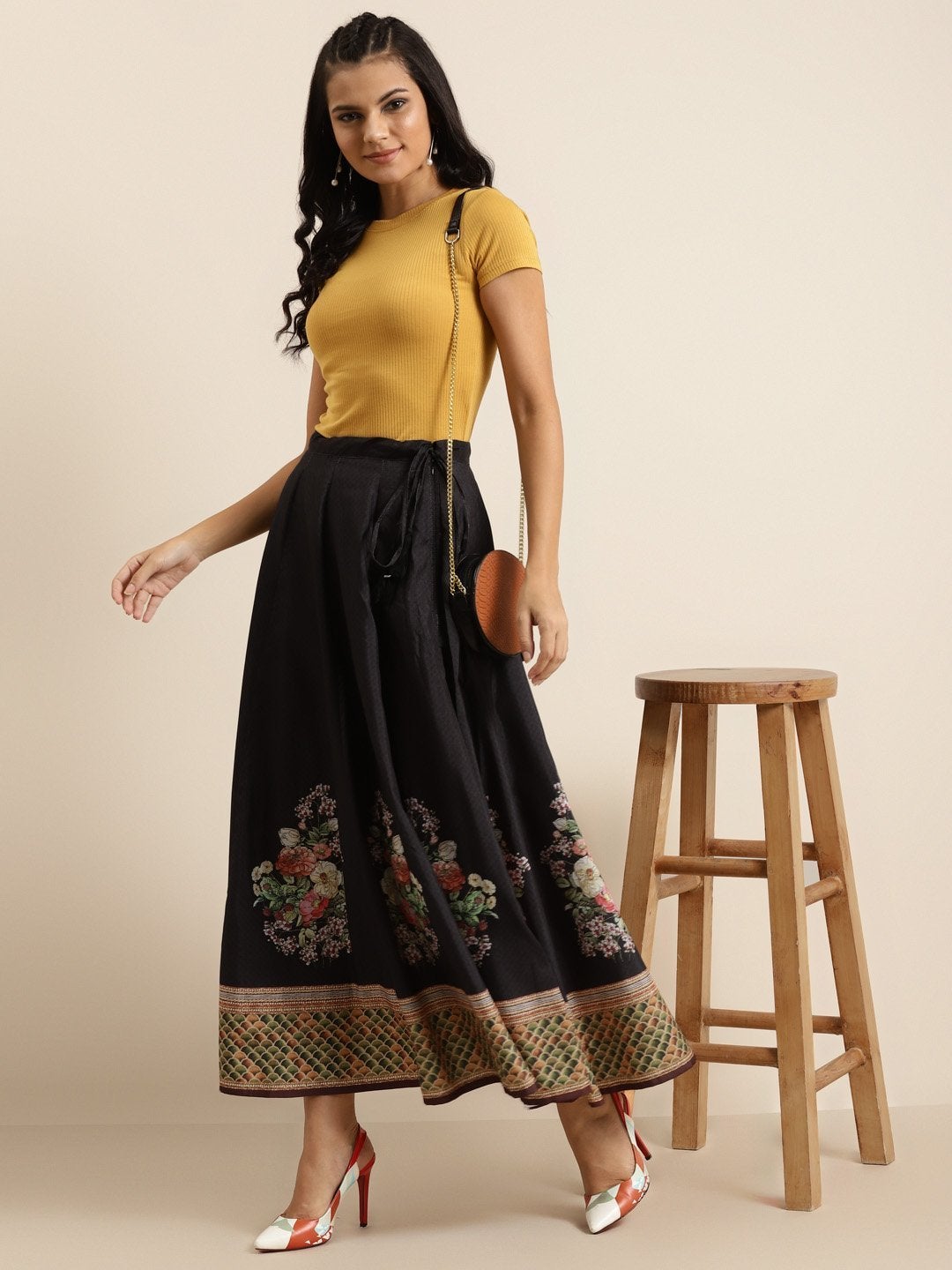 Women's Black Floral Kali Skirt - SHAE