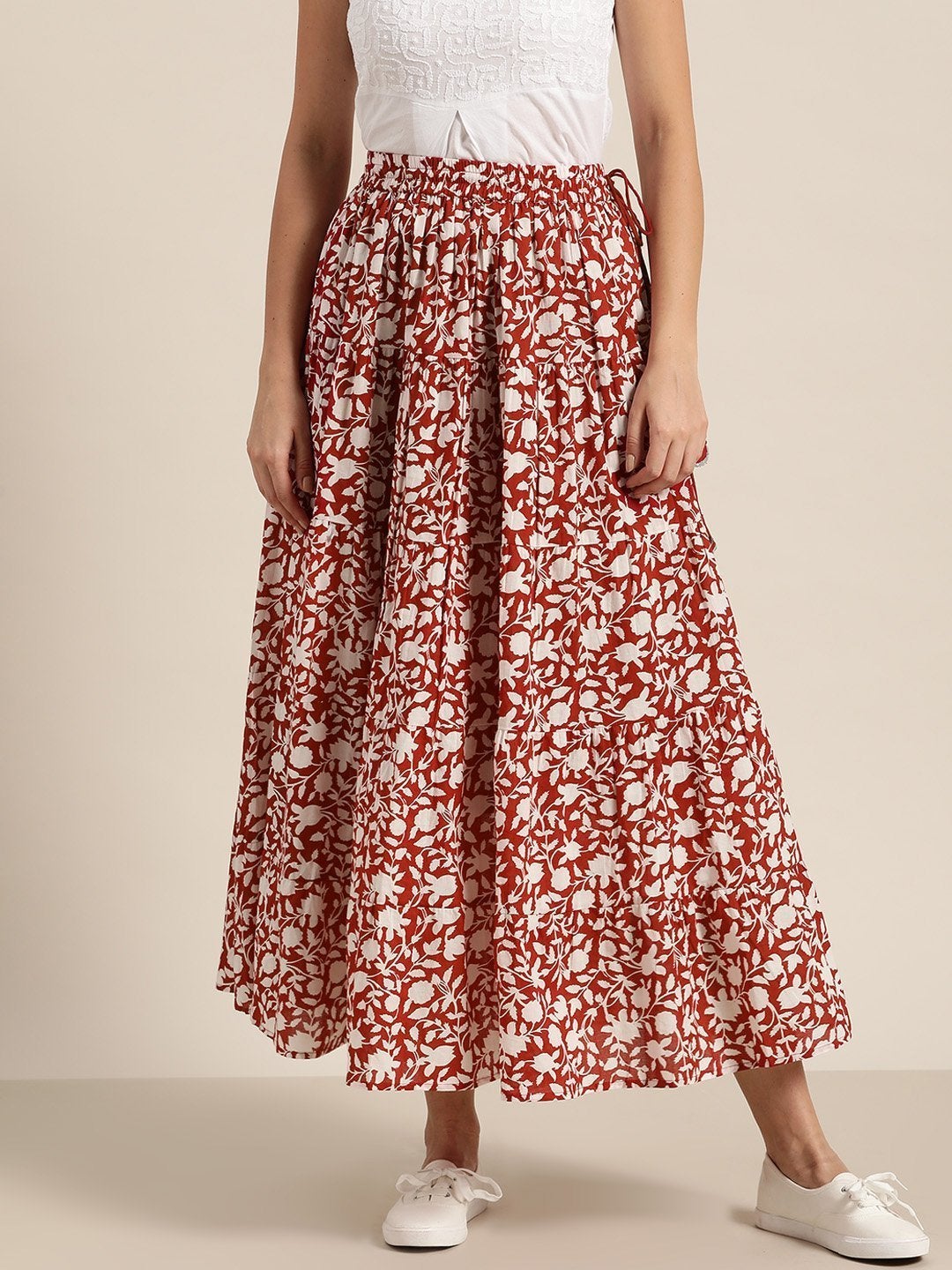 Women's Red Floral Tiered Skirt - SHAE